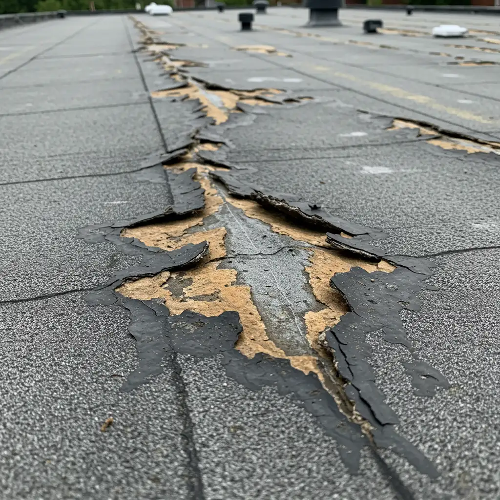 A photo showing a damaged membrane on a flat roof in NYC. Picture taken by AlterPhaseRoofing.com crew.